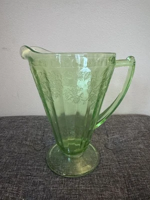 Vintage Uranium Jeannette Green Depression Glass Pitcher Cherry Blossom Pressed  - Image 1 of 4
