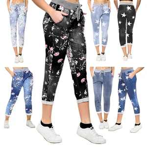 Women’s Italian Floral Print Joggers Cotton Stretch Trousers Magic Pants Jeans - Picture 1 of 29