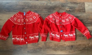 Vintage handgestrickt Norweger Pullover Wolle Rentier nordisch Schneeflocke Kinder rot Set 2 - Bild 1 von 19