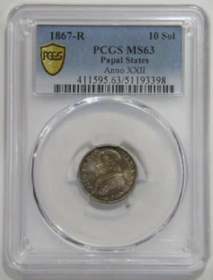 ITALY PAPAL STATES 1867 10 SOLDI PCGS UNDER-GRADED MS63 TONED WORLD COIN 🌈⭐🌈 - Image 1 of 2