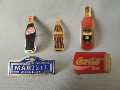 5 metal pins Coca- cola- Grants 12- Martell cognac - Image 1 of 4