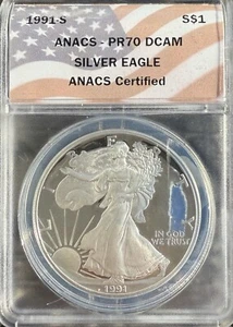 1991-S Silver Eagle $ ANACS PR70 DCAM - Picture 1 of 2