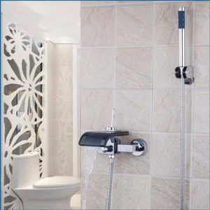 Bathroom Black Glass Waterfall Spout Tub&Shower Mixer Faucet Wall Mounted - Picture 1 of 9