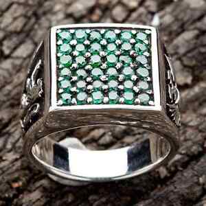Green Emerald Eagle Lion Army 925 Sterling Silver Ring Men's