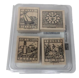Vintage 1981 Stampin' Up Set Of 4 Wood Mounted Rubber Stamps Wonderful Woodcuts - Picture 1 of 3