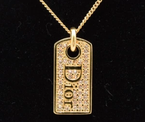 Christian Dior Rhinestone Dog Tag Pendant Necklace Gold CD Chain Set - Picture 1 of 11