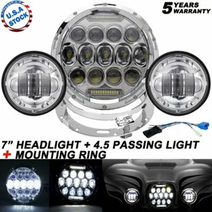 85W 7inch LED Headlight + 4.5" Passing Light + Mounting Ring For Harley Touring - Picture 1 of 12