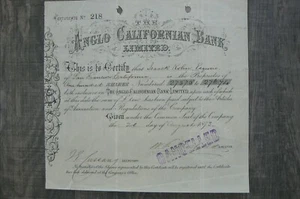 1873 Anglo Californian Bank Limited Stock Certificate #218 San Francisco Bank - Bild 1 von 2