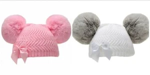 NEW BABY GIRLS WINTER KNITTED ZIG ZAG BOW DOUBLE FUR POM POM KNIT HAT 0-3 MONTHS - Picture 1 of 3