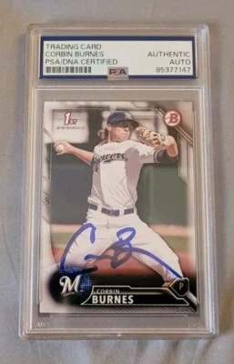 Corbin Burnes signed 2016 1st Bowman Baseball Rookie Card RC IP auto PSA Dbacks - Image 1 of 3