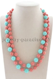J8393 - 21-23" 10mm pink coral color & 12mm blue round sea shell pearl necklace - Picture 1 of 3