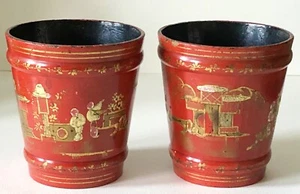 Seltene antike chinesische Miniatur Blumentöpfe rot Lack malerisch Gold handbemalt - Bild 1 von 12