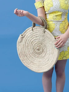 Large Round Beach Bag French Market Palm Basket Tote Shopper Holiday Storage - Picture 1 of 4