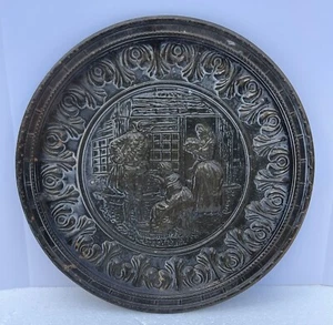 2 x Vintage Pressed Embossed Brass Wall Hanging Plates Bar/Tavern Scene - Picture 1 of 7