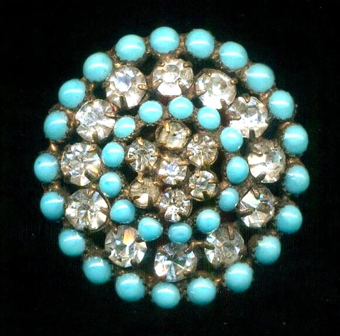 Labor Intensive Turquoise Glass & Rhinestone Antique Button-7/8", Smaller One Cover