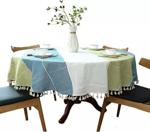 Heavy Weight Cotton Linen Tablecloth, Plaid Tassel round Table Cover for Kitchen - Picture 1 of 6