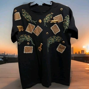 VTG 80s gold T-shirt Gay Kitsch Top Zoo Animal Golden Girls Big Shoulder Pads - Picture 1 of 3