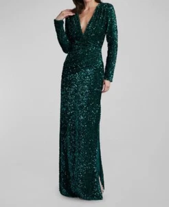 Sho Women's Green Sequins Ruched Deep V-Neck Gown Dress Size L - Picture 1 of 5