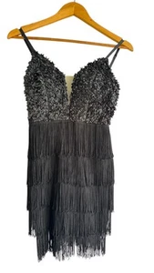 Fringed Deep V-Neck Cocktail Dress black Sz xs - Picture 1 of 10