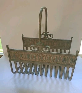 Vintage Metal Magazine Rack Firewood Holder Carrier 15" X 9" Antique Green - Picture 1 of 6