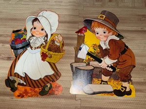 2 Vintage Thanksgiving Die Cut Pilgrim Boy & Girl Decorations Cardboard 2-sided - Picture 1 of 7
