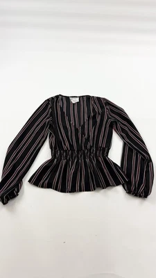 Sadie & Sage Blouse Womens XS Black Red White Striped Long Sleeve Peplum Top Foto 1 de 4
