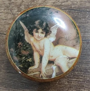 Vtg Pillbox Broocg Pills Tin Box Pin Angel Cherub Brooch J166 - Picture 1 of 4