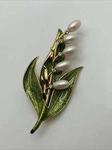 Vintage MONET Lily of the Valley Faux Pearl Enamel & Rhinestone Brooch Pin 2.9” - Picture 1 of 11