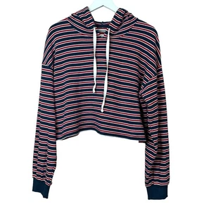 American Eagle Ahh Mazingly Soft Red Blue Stripe Crop Hoodie Women Sz L - Picture 1 of 4