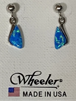 Wheeler Blue Opal Lab Created Earrings Silver Tone Stud Made In USA NOS - Image 1 of 4