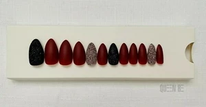 QueenBe Press On Nails Burgundy,Glitter Black,Glitter Silver Stiletto Fake Nails - Picture 1 of 4