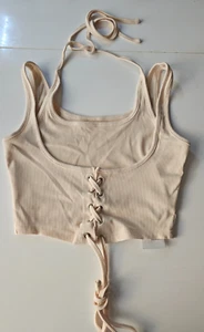 Damen-Tanktop Lagenlook apricot bauchfrei Schnürung Stretch Apfelwein Größe SML neu mit Etikett - Bild 1 von 6