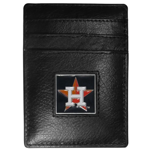 Houston Astros MLB Fine Grain Leather Cardholder Money Clip, Wallet Boxed Cover