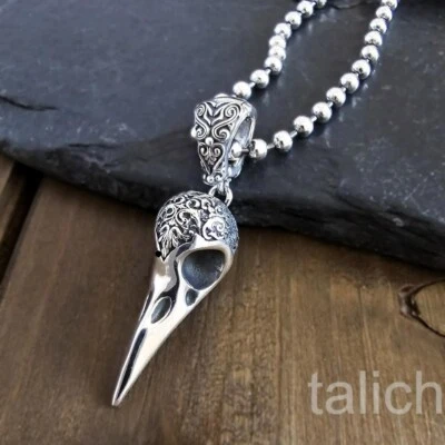 Colgante potenciador cráneo pájaro cuervo cuervo plata esterlina 925 rollos ornamentados únicos Foto 1 de 4