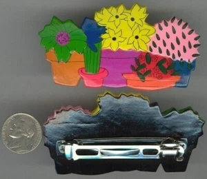 1 VINTAGE RETRO HAND PAINTED WOOD ASSORTED FLOWERS CACTUS LARGE 3" BARRETTE T97 - Picture 1 of 1