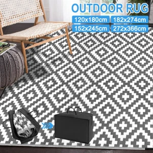 Reversible Outdoor Rug Dark Grey&White Patio RV Camping Mat Plastic Straw Carpet - Picture 1 of 18