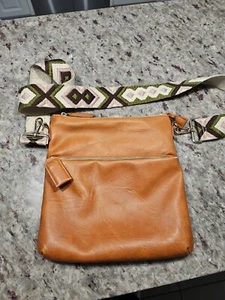 Ahdorned Double Zip Faux Leather Messanger Crossbody Handbag/Guitar Strap/ Camel - Picture 1 of 24