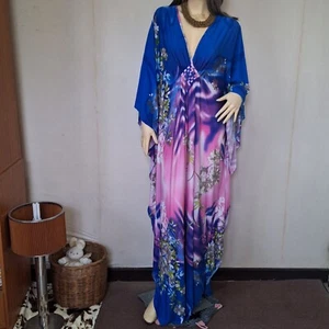 New Dress Hippie  Boho Gypsy Kaftan Kimono Blue Floral Cocktail Plus Maxi 5X 4XL - Picture 1 of 4