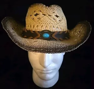 Summer Beach Sun Hat Straw Cowboy Hat Mens Cowboy Hats Rural With Blue Stone - Picture 1 of 9