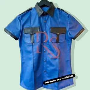 Men's Blue Leather Causal Shirt Customised Leather Shirt Genuine Leather Shirt - Picture 1 of 2