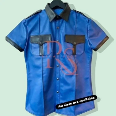 Men's Blue Leather Causal Shirt Customised Leather Shirt Genuine Leather Shirt - Image 1 of 2