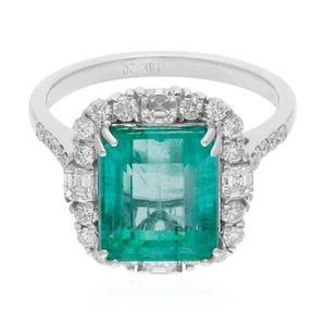 5.54 Tcw Natural Zambian Emerald SI/H Diamond Engagement Ring 18k White Gold - Picture 1 of 10