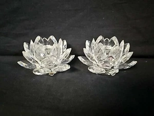Pair of Swarovski Crystal Lotus Candle Holders  Missing lower one pedal - Picture 1 of 12