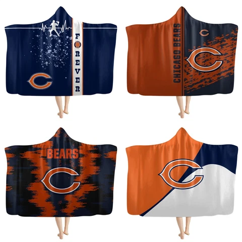 Chicago Bears Hooded Blanket Sherpa Fleece Sofa Bed Plush Poncho Throw Fan Gifts Cover