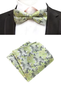 New Mens Pre-Tied adjustable Bow Tie Floral Green Silver Silk Bowtie Hanky Party - Picture 1 of 1