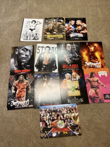 LOT OF (12) 12”x16” Heavy Card Stock WWE  Wrestlemania Posters NICE! Rock Cover