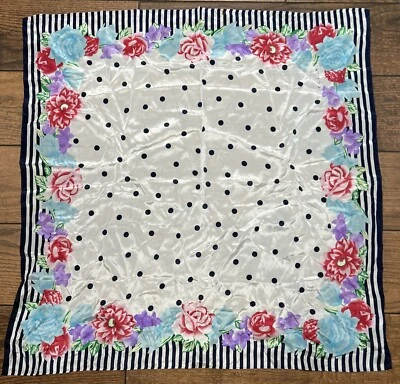 VTG Echo 100% Silk Scarf Navy White Polka Dots Border Stripes Colorful Flowers - Imagem 1 de 4