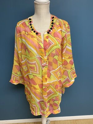 Túnica Plus Evan Picone Feminina 2 peças 20W Rosa Laranja Gema Frisada Praia Brilhante - Imagem 1 de 3