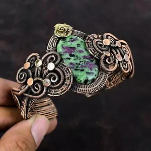 Valentines Deal Copper Natural Ruby Zoisite Wire Wrapped Flower Cuff Bracelet - Picture 1 of 6