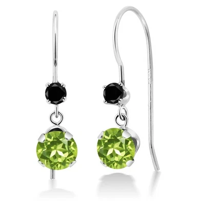 14K White Gold Peridot and Black Diamond French Wire Dangle Hook Earrings For - Image 1 of 2